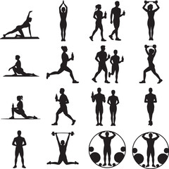 Fitness Exercise Silhouettes Diverse Collection, Various Poses, Workout Figure on Transparent