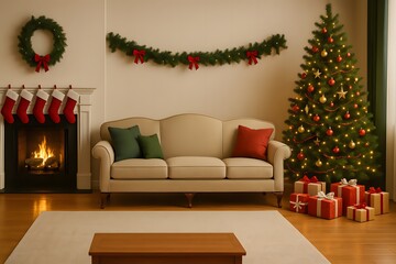 Cozy Christmas Living Room Interior with Fireplace, Decorated Tree, Sofa and Gifts – Warm Festive Holiday Home Décor with Wreath, Stockings and Classic Scandinavian Style