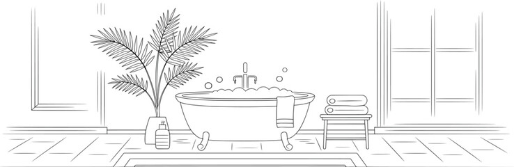 Modern Bathroom Interior with Bathtub Line Art Illustration.