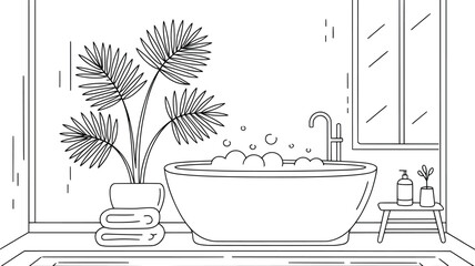 Modern Bathroom Interior with Bathtub Line Art Illustration.