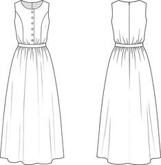 technical fashion flat sketch, sleeveless maxi dress design, front and back view, button down bodice, gathered waist illustration, apparel construction template