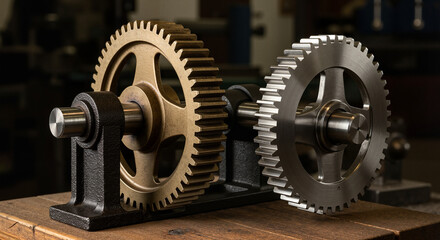 Detailed metal gears connected on a support stand in workshop setting  