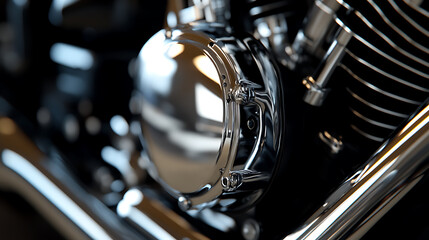 Chrome engine reflecting light, shiny components of a modern motorcycle. Design aesthetics and the mechanical allure of motorbikes come to life in metallic sheen.