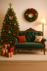 Vertical Elegant Christmas Living Room Interior with Green Sofa, Decorated Tree, Wreath and Gifts – Warm Classic Holiday Home Décor with Soft Lighting and Vintage Festive Style