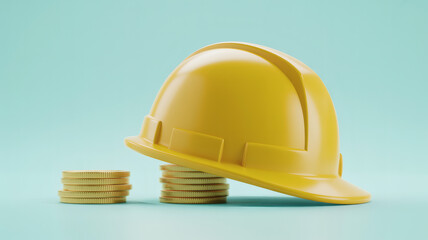 Fototapeta premium Matte Yellow Safety Helmet Resting on Two Stacks of Gold Coins Representing Financial Protection Investment Safety and Future Savings Planning