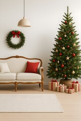 Vertical Elegant Christmas Living Room Interior with Classic Sofa, Decorated Tree, Wreath and Gifts – Bright Scandinavian Holiday Home Décor with Minimalist Warm Festive Style