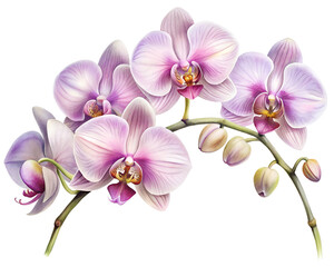 Obraz premium Pink orchid blossoms and buds on a stem isolated on transparent background
