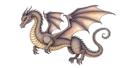 Fototapeta premium Watercolor illustration of a majestic dragon with detailed scales and wings, isolated on white background, a mythical creature of fantasy