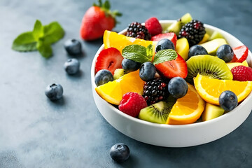 Fresh fruit salad in bowl - healthy and delicious mix of freshly cut fruits for a refreshing snack