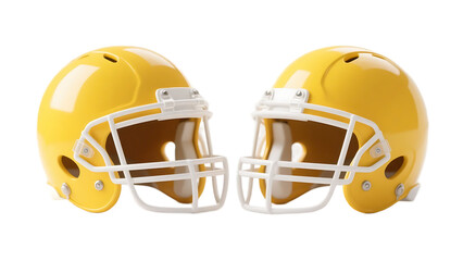 Two bright yellow American football helmets designed for sports activities, providing head protection during games.