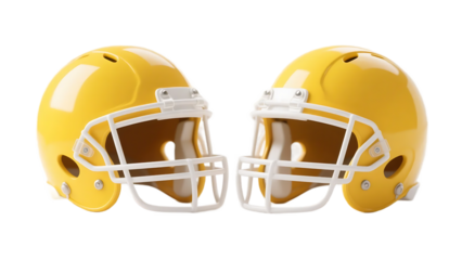 Two bright yellow American football helmets designed for sports activities, providing head protection during games.