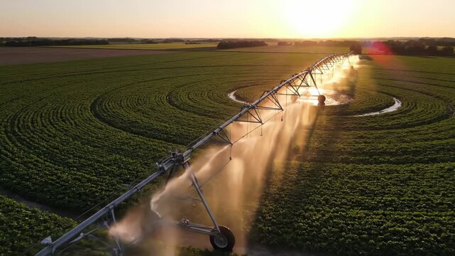 An agricultural irrigation system waters a vast green field in concentric circles at sunset, showcasing modern farming techniques and efficiency