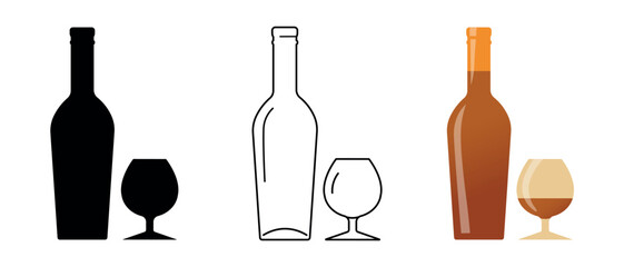 Bar poster, set of alcohol bottle icons, cognac bottles, and glasses, various designs, vector graphics. Bottle outline, silhouette, color flat design, alcohol menu, cognac sales, drinks