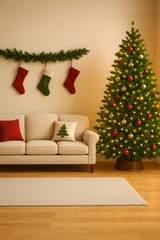 Vertical Cozy Christmas Living Room Interior with Decorated Tree, Sofa and Hanging Stockings – Warm Scandinavian Holiday Home Décor with Soft Lighting and Minimalist Festive Style
