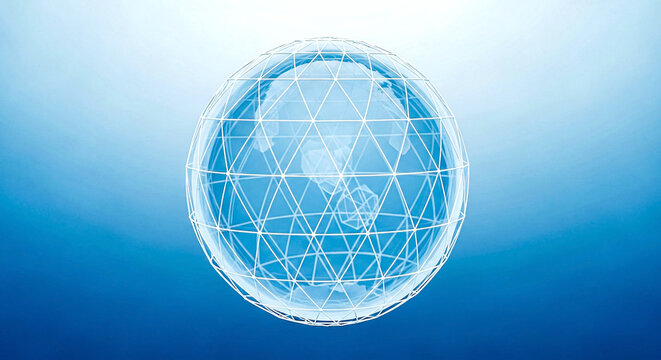A translucent wireframe sphere with interconnected triangular grid, set against a soft blue gradient backdrop for futuristic appeal.