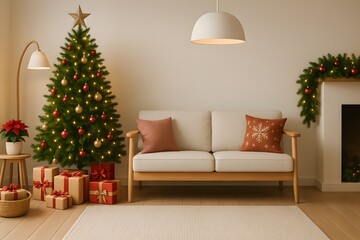 Cozy Christmas Living Room Interior with Decorated Tree, Sofa, Gifts and Fireplace Garland – Warm Festive Scandinavian Holiday Home Décor with Natural Light and Minimalist Comfort