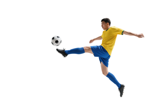 A male soccer player in mid-air performing a powerful kick on a soccer ball, showcasing athleticism and sporty action.