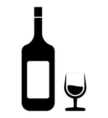Vector illustration of a wine bottle with an empty wine glass, a symbol of wine tasting, celebration, or dining.