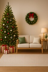 Vertical Cozy Christmas Living Room Interior with Decorated Tree, Sofa, Gifts and Wreath – Warm Festive Scandinavian Holiday Home Décor with Soft Lighting and Minimalist Hygge Style