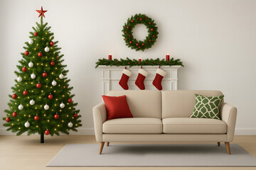 Cozy Christmas Living Room Interior with Decorated Tree, Sofa, Wreath and Red Stockings – Minimalist Scandinavian Holiday Home Décor with Warm Lighting and Festive Modern Style