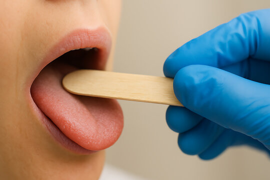 Macro shot of a medical examination where a gloved hand uses a wooden tongue depressor to inspect a patient&rsquo;s mouth, emphasizing hygiene, precision, and healthcare professionalism.