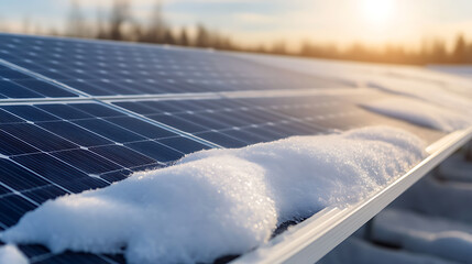 Snow-covered solar panels gleam in the winter sunlight, showcasing resilience of renewable energy sources. Environmentally conscious energy. Embracing sustainable power.