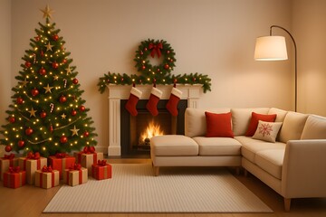 Cozy Christmas Living Room Interior with Fireplace, Decorated Tree, Stockings and Gifts – Warm Festive Holiday Home Décor with Lights, Wreath and Scandinavian Modern Comfort Style
