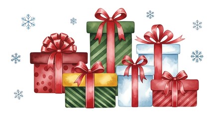 Obraz premium Festive watercolor christmas presents with red ribbon and snowflakes isolated on white background, perfect for holiday greetings