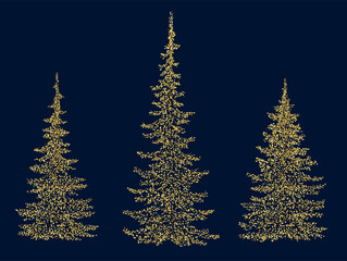 Christmas fir trees made of gold dots. Gold glitters in the form of a spruce tree. Winter holiday decor
