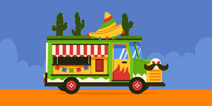 Colorful Mexican Food Truck with a sombrero hat and cactus on top in a desert with blue background