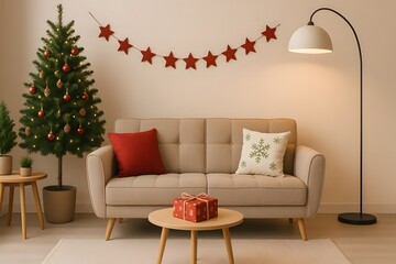 Minimalist Cozy Christmas Living Room Interior with Decorated Tree, Red Star Garland, Sofa and Gift Box – Scandinavian Holiday Home Décor with Warm Lighting and Festive Atmosphere