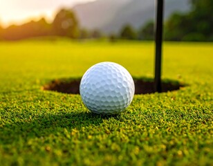 A golf ball sits near a hole on a green with a picturesque mountain backdrop