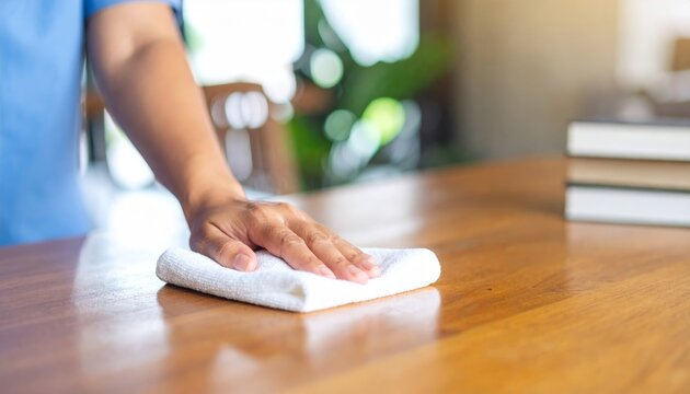 Womans Hand Cleaning a Wooden Table Surface with a White Cloth