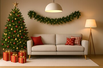 Cozy Scandinavian Christmas Living Room Interior with Decorated Tree, Wrapped Gifts, Garland and Warm Lighting – Modern Festive Holiday Home Décor with Hygge Style and Natural Elements
