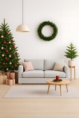 Vertical Christmas Living Room with Cozy Sofa, Decorated Tree, Gifts, and Festive Wreath – Vertical Mobile-Size Image
