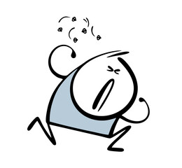 Unfortunate stickman is running away from harmful flies. Vector illustration of cartoon bees, poisonous beetles flying. Chasing  scared boy.  Poor child is waving his arms in panic.