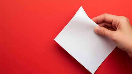 Hand gently turning the corner of a blank white sheet, revealing a bright red background. Suggests anticipation or unveiling, with a sense of clean simplicity.