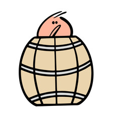 Funny unhappy lonely man is hiding in a wooden barrel. Vector illustration of stickman and cartoon psychological protection. Great solution to the problem.