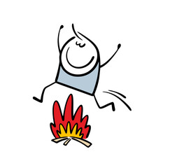 Cartoon boy jumps over a campfire. Funny dangerous game for a child. vector illustration of a flame and a tradition for a holiday. Entertainment.