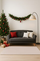 Vertical Christmas Living Room with Cozy Sofa, Decorated Tree, Gifts, and Festive Garland – Vertical Mobile-Size Image