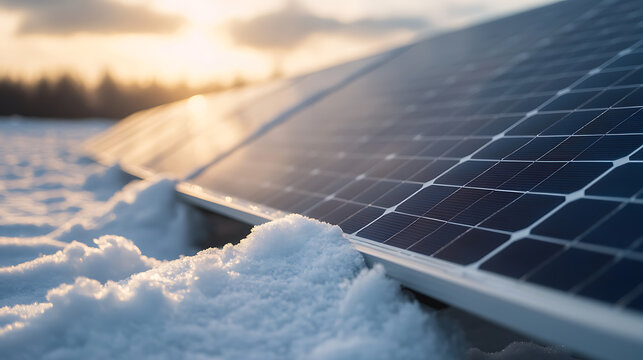 Solar panels covered in snow gleam in the winter sun, embodying renewable energy adaptation and resilience.  Clean power continues despite harsh conditions.