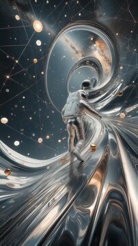 Vertical video of generative Ai animation of sci fi astronaut in a metal chrome space