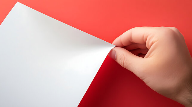 A hand gently peels back a crisp white sheet, revealing a vibrant red background, symbolizing a fresh start. This image represents innovation and design.