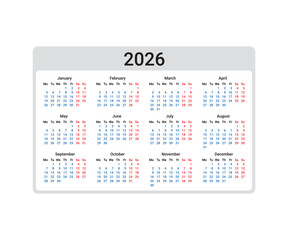 2026 Calendar Grid With Months And Days Of The Week On Transparent Background