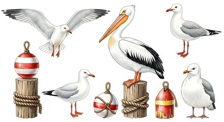 Obraz premium Seagull and pelican with buoy isolated on white background, nautical theme for summer vacation and seaside decor