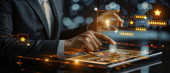 Businessman in formal suit using digital tablet with glowing holographic five star rating interface. Concept of customer satisfaction, online review, business feedback, and service quality evaluation.