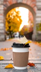 A coffee cup adorned with a fall leaf sits outdoors, bathed in warm sunlight