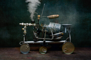 Still life with blowtorch, drill and canned food