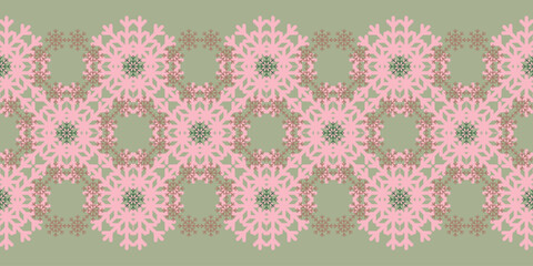 Colorful Christmas seamless vector pattern Border with pink and orange snowflakes on green. Geometric texture for wrapping paper, greeting cards, invitations, gift boxes and web background.