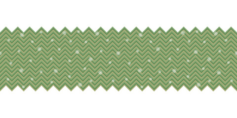 Winter seamless pattern Border with white snowflakes on green striped chevron background. Christmas vector pattern for wrapping paper, textile and paper prints, invitations and gift paper bags.